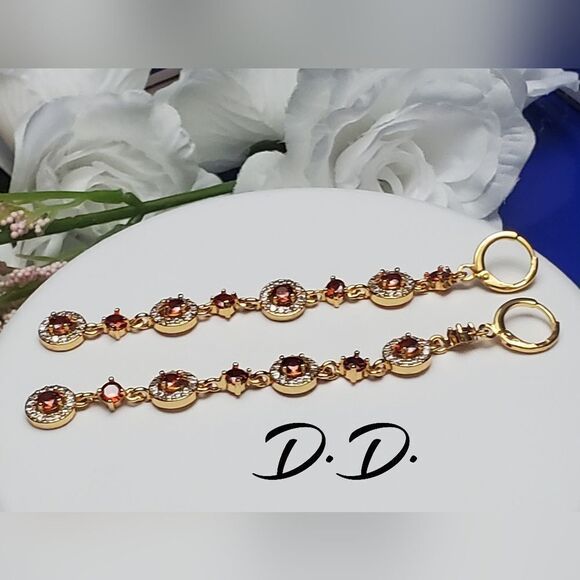 Natural Red Mystic Topaz 18K Gold Long Dangle Earrings - Picture 4 of 9